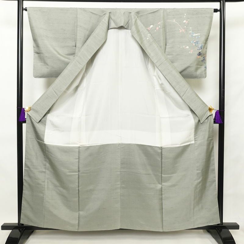 訪問着 紬生地 しつけ糸付き 正絹 花柄 身丈160cm 裄丈64cm 紬地 共八掛 袷仕立て 緑・うぐいす色_画像3