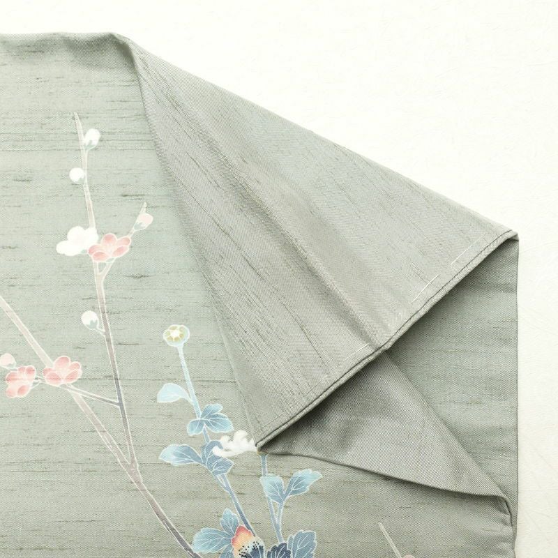 訪問着 紬生地 しつけ糸付き 正絹 花柄 身丈160cm 裄丈64cm 紬地 共八掛 袷仕立て 緑・うぐいす色_画像25