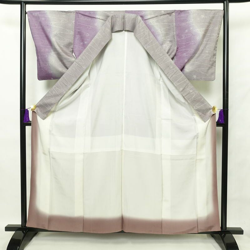 小紋 紬生地 正絹 紬地 流水・波柄 袷仕立て 身丈159.5cm 裄丈67.5cm ぼかし 紫・藤色_画像3