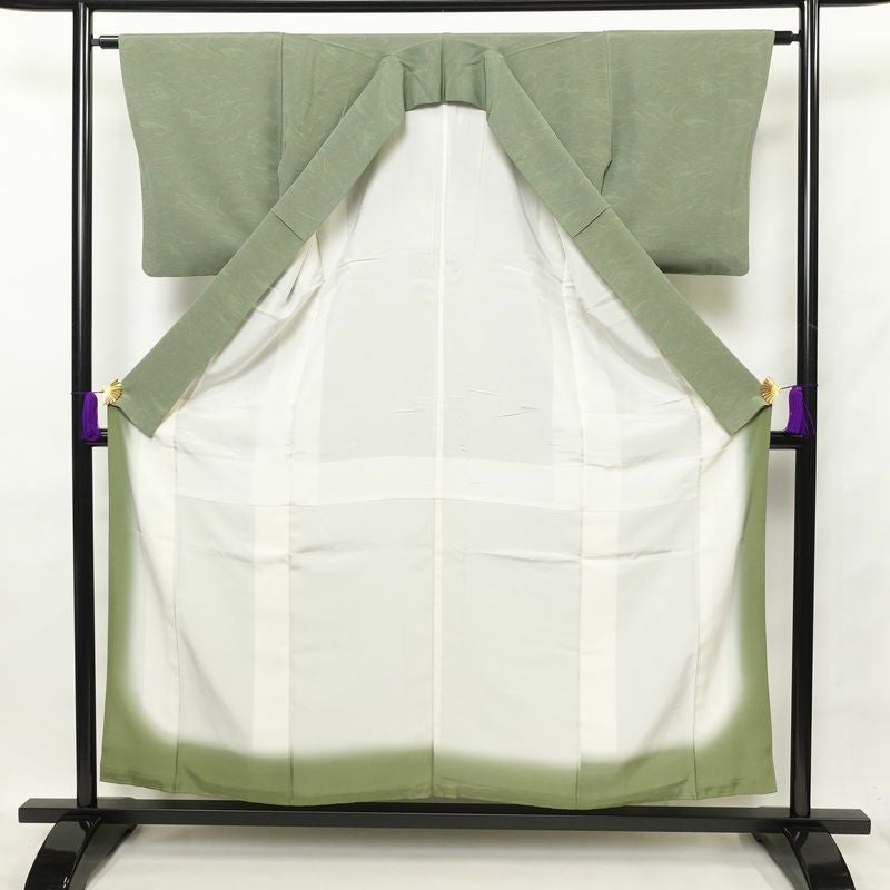小紋 良品 墨流し 縮緬 正絹 流水・波柄 身丈155.5cm 裄丈63cm 袷仕立て 緑・うぐいす色_画像3