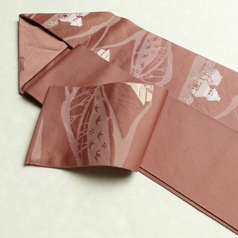 名古屋帯 六通柄 ポリエステル 風景柄 名古屋仕立て 小豆・エンジ_画像30