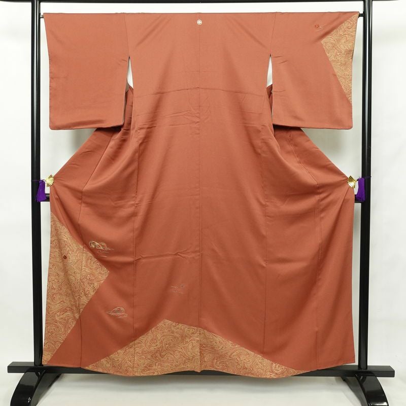 付け下げ 良品 一つ紋付き 刺繍 正絹 身丈159cm 裄丈66cm 幾何学柄・抽象柄 袷仕立て 茶_画像1