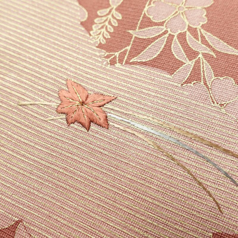 訪問着 良品 正絹 刺繍 木の葉・植物柄 身丈161cm 裄丈66cm 縞柄 袷仕立て 小豆・エンジ_画像9