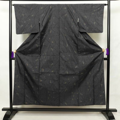 紬 正絹 木の葉・植物柄 紬着物 袷仕立て 身丈155cm 裄丈65cm 青・紺