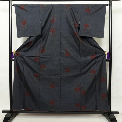 紬 良品 正絹 紬着物 花柄 袷仕立て 身丈159.5cm 裄丈65cm 青・紺