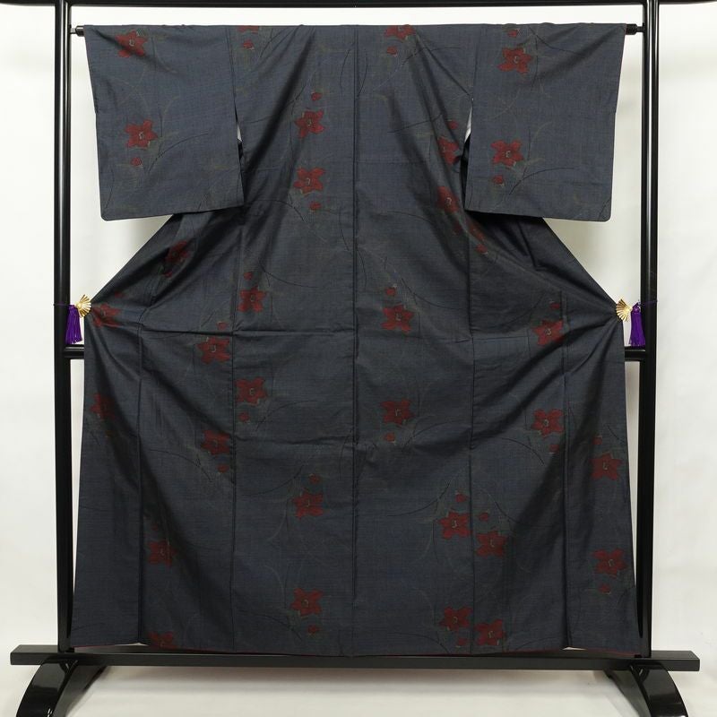 紬 良品 正絹 紬着物 花柄 袷仕立て 身丈159.5cm 裄丈65cm 青・紺_画像1