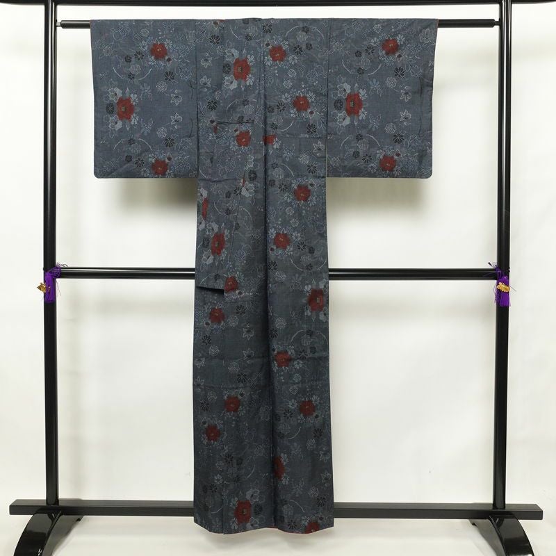 紬 正絹 紬着物 花柄 袷仕立て つむぎ 身丈155.5cm 裄丈63cm 青・紺_画像2