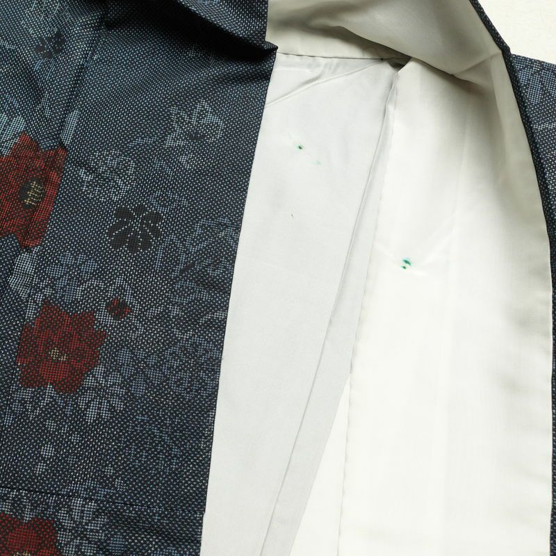 紬 正絹 紬着物 花柄 袷仕立て つむぎ 身丈155.5cm 裄丈63cm 青・紺_画像24