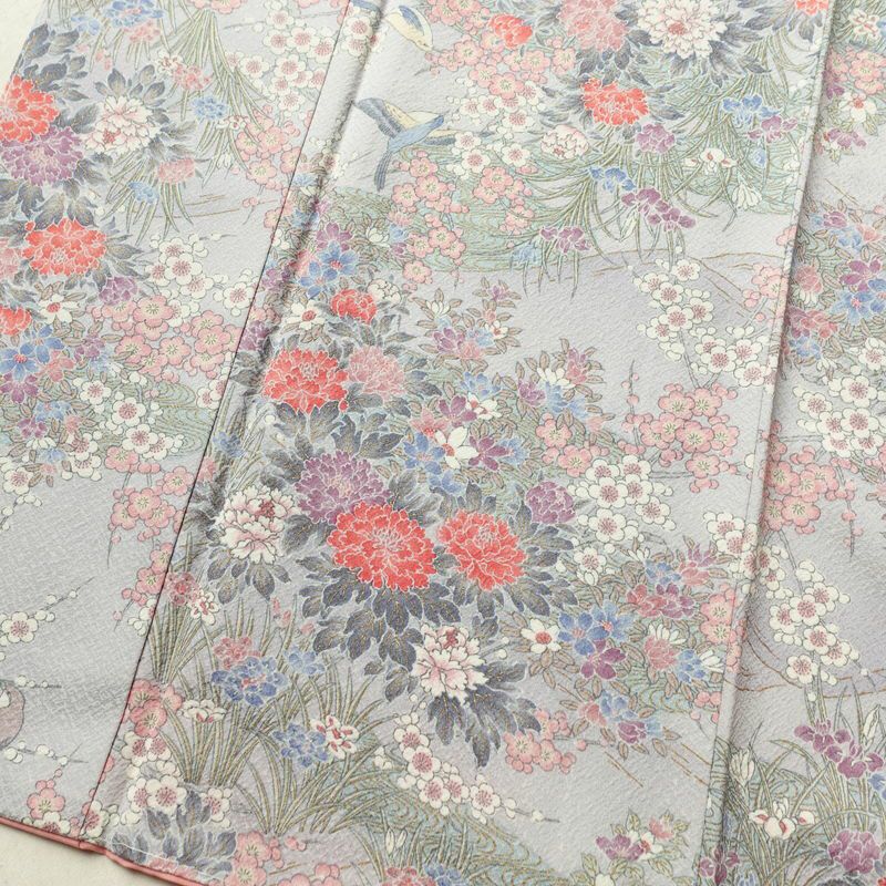 小紋 美品 しつけ糸付き 正絹 金彩 花柄 身丈159.5cm 裄丈64.5cm 袷仕立て 紫・藤色_画像4