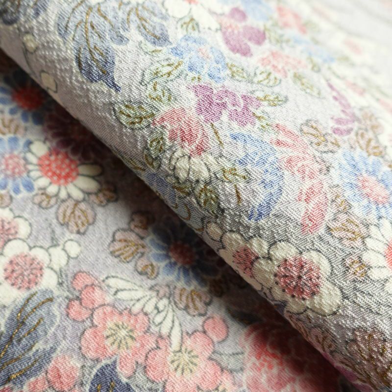 小紋 美品 しつけ糸付き 正絹 金彩 花柄 身丈159.5cm 裄丈64.5cm 袷仕立て 紫・藤色_画像27