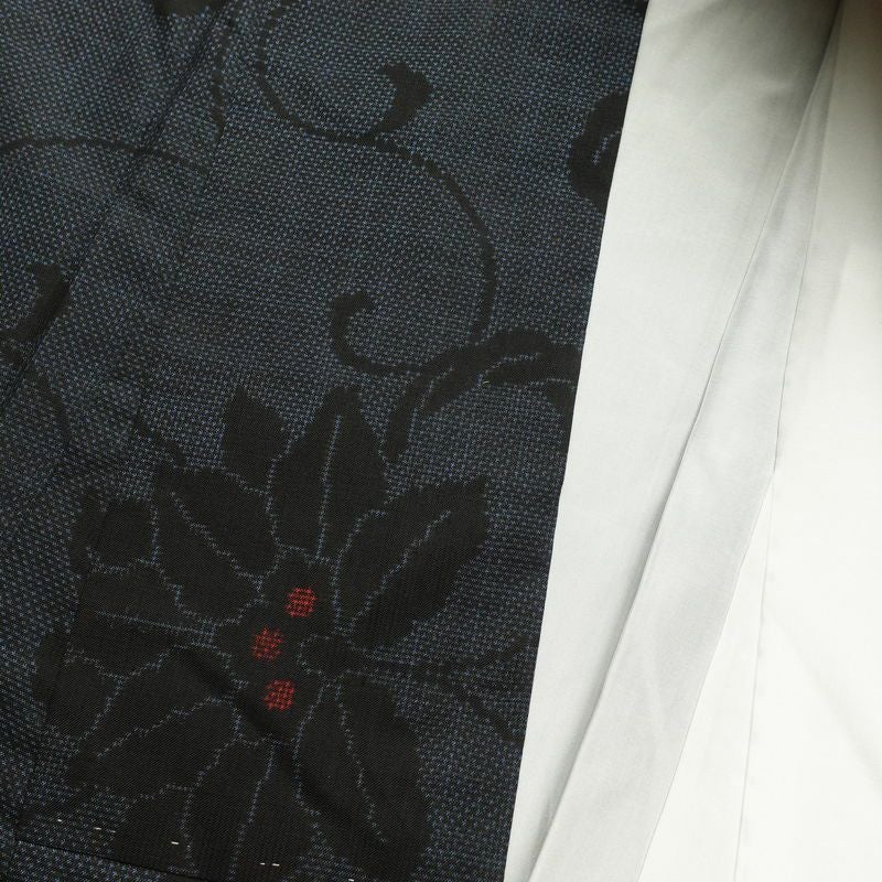 大島紬 純泥染 証紙あり 正絹 花柄 袷仕立て 身丈156cm 裄丈64cm 青・紺_画像24