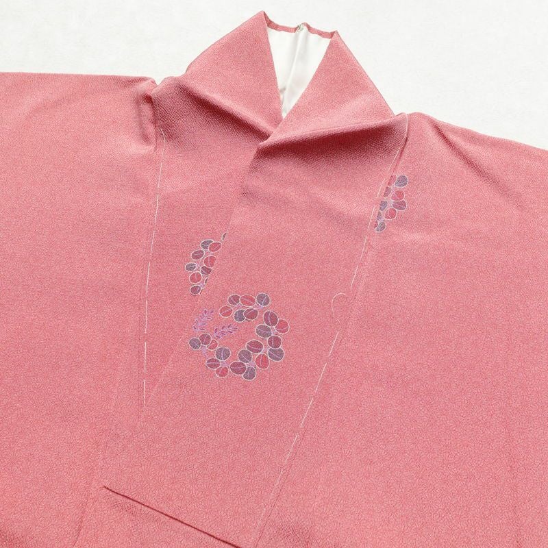 小紋 美品 しつけ糸付き 縮緬 正絹 木の葉・植物柄 身丈160.5cm 裄丈65.5cm 袷仕立て ピンク_画像20