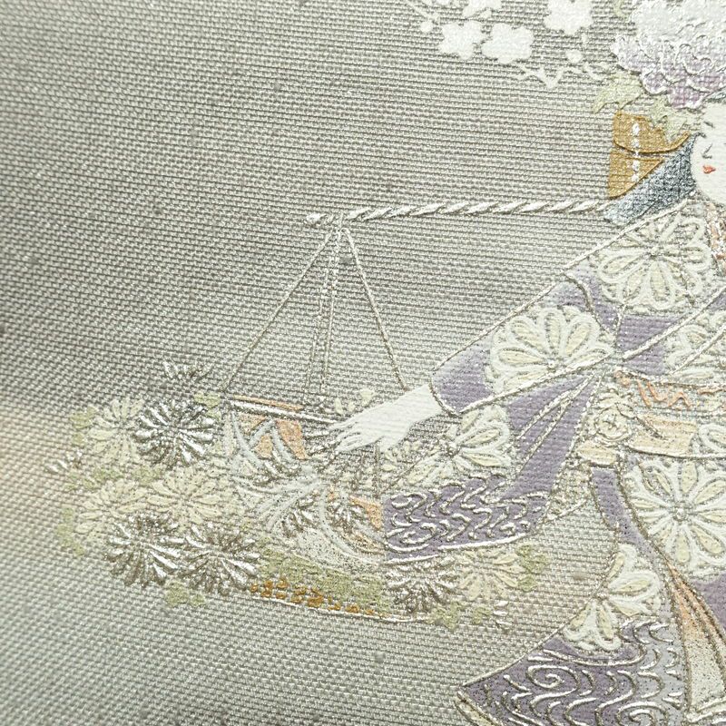 袋帯 太鼓柄 由水人形図 フォーマル用 正絹 銀彩 人物・動物柄 グレー_画像7