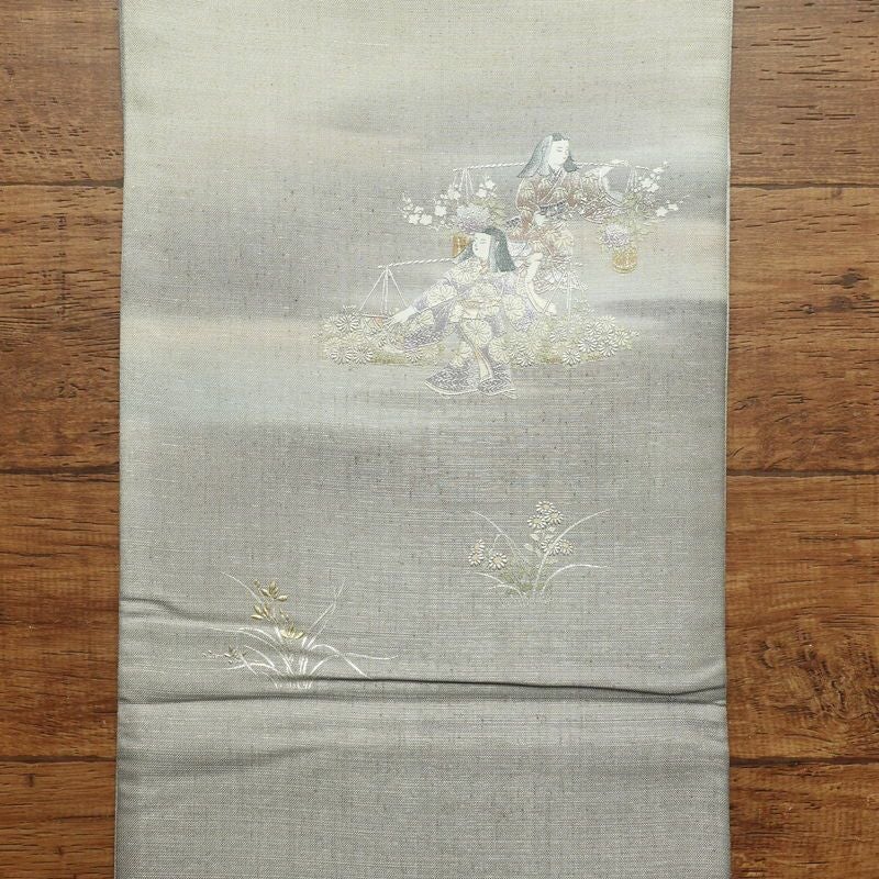 袋帯 太鼓柄 由水人形図 フォーマル用 正絹 銀彩 人物・動物柄 グレー_画像11
