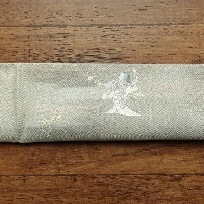 袋帯 太鼓柄 由水人形図 フォーマル用 正絹 銀彩 人物・動物柄 グレー_画像24