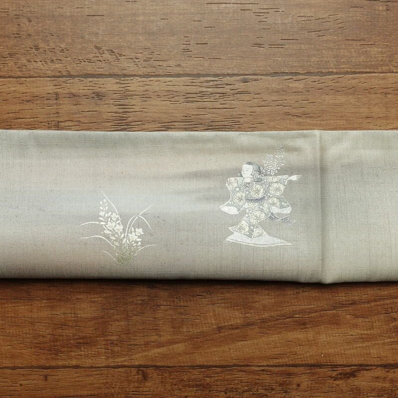 袋帯 太鼓柄 由水人形図 フォーマル用 正絹 銀彩 人物・動物柄 グレー_画像26