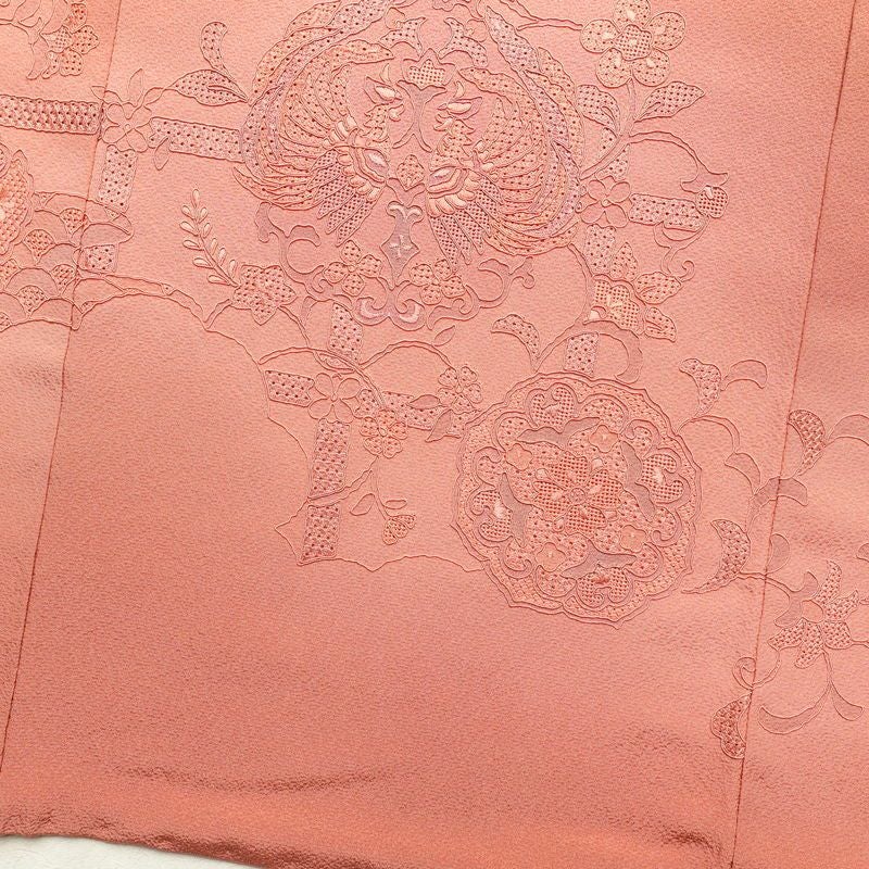 付け下げ 良品 スワトウ刺繍 縮緬 正絹 古典柄 袷仕立て ピンク_画像17