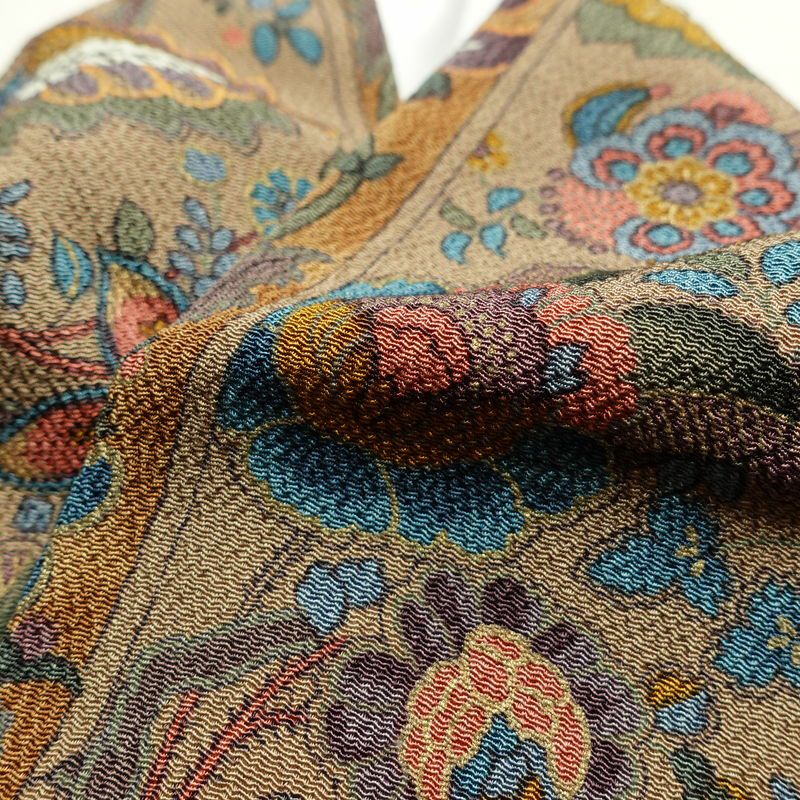 小紋 良品 縮緬 正絹 木の葉・植物柄 袷仕立て 身丈154cm 裄丈62.5cm 茶_画像14