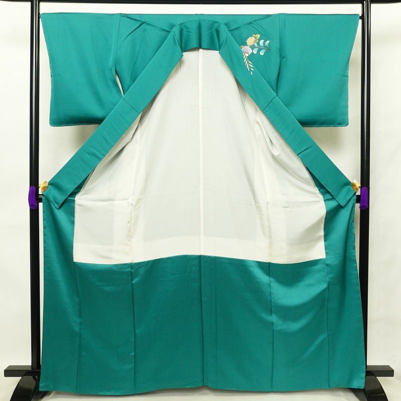 訪問着 良品 しつけ糸付き 正絹 花柄 袷仕立て 身丈165.5cm 裄丈67cm 鳥 箔 緑・うぐいす色_画像3