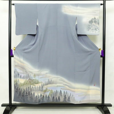 訪問着 良品 白川丈山 落款入り 縮緬 正絹 風景柄 袷仕立て 身丈154cm 裄丈64cm 青・紺