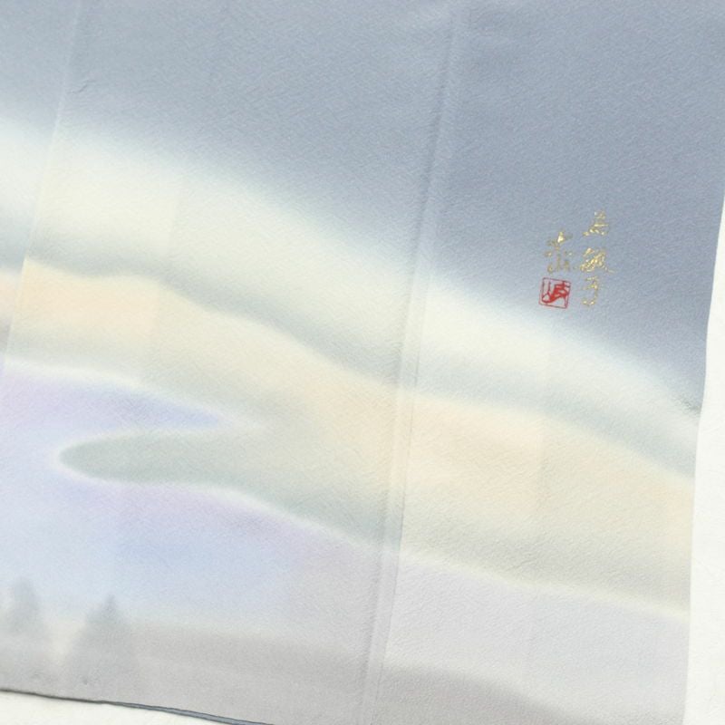 訪問着 良品 白川丈山 落款入り 縮緬 正絹 風景柄 袷仕立て 身丈154cm 裄丈64cm 青・紺_画像11