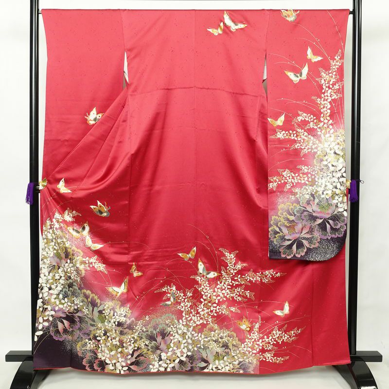 振袖 金駒刺繍 正絹 花柄 袷仕立て 身丈168cm 裄丈67.5cm 箔 金彩 蝶