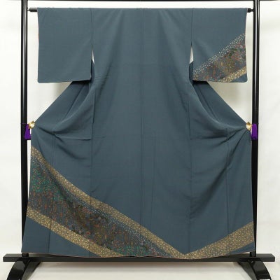 訪問着 縮緬 正絹 幾何学柄・抽象柄 袷仕立て 身丈157.5cm 裄丈64cm 金彩 着物 青・紺