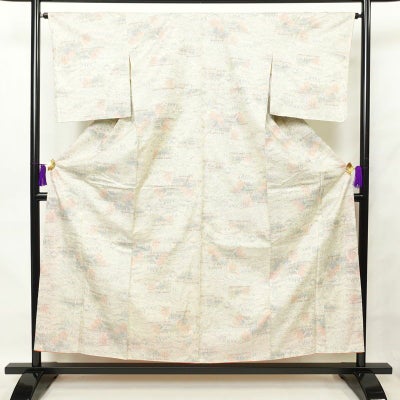 紬 しつけ糸付き 正絹 風景柄 袷仕立て 身丈155.5cm 裄丈65cm 紬着物 クリーム