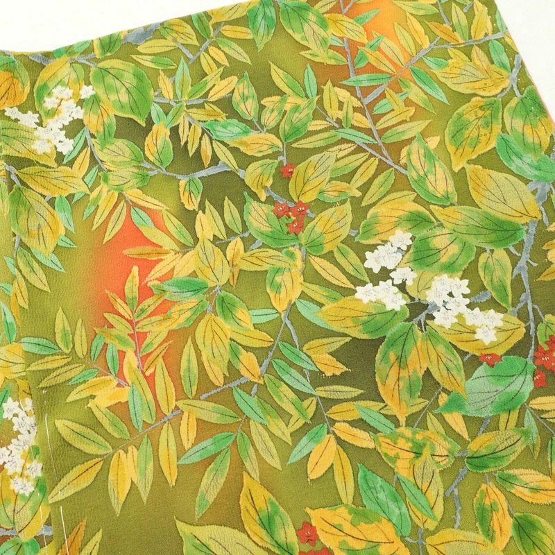 小紋 良品 正絹 木の葉・植物柄 袷仕立て 身丈157.5cm 裄丈64cm 着物 緑・うぐいす色_画像12