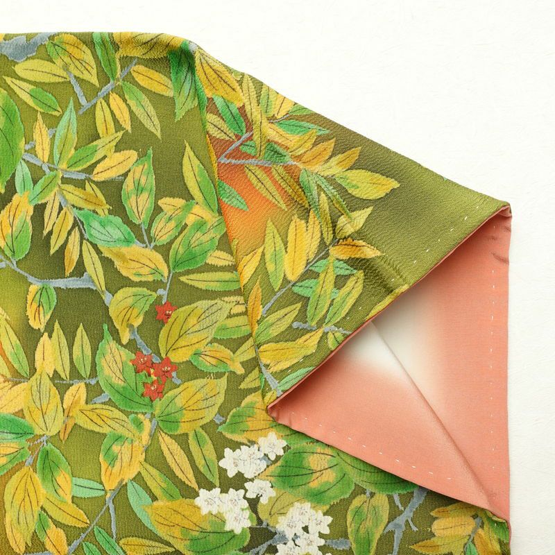 小紋 良品 正絹 木の葉・植物柄 袷仕立て 身丈157.5cm 裄丈64cm 着物 緑・うぐいす色_画像13