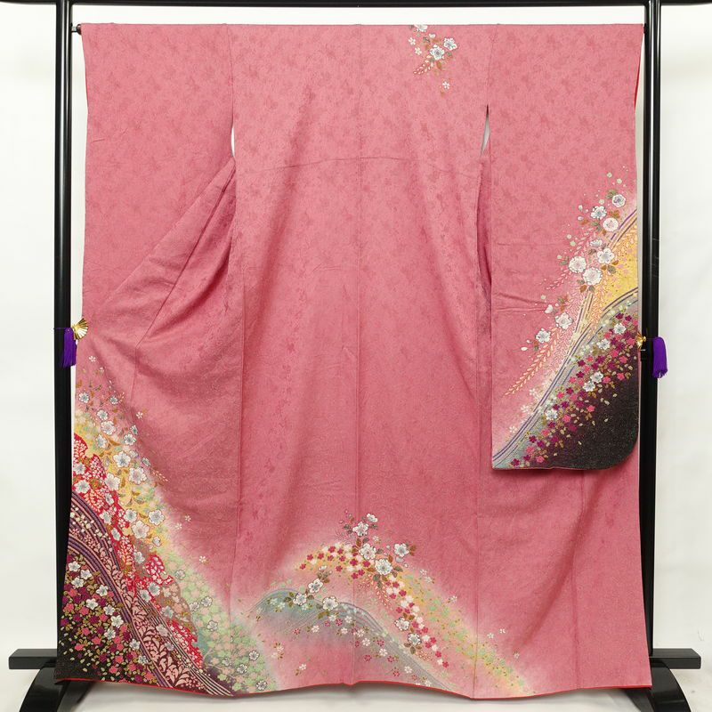 4k2776 振袖　正絹　袷　白　緑　赤　金色　青　ピンク　黒　花柄　着物 振袖 金駒刺繍 正絹 花柄 袷仕立て 身丈168cm 裄丈67.5cm 箔 金彩 蝶