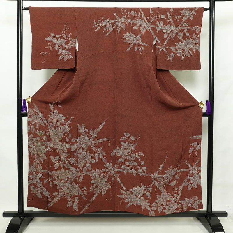 訪問着 鮫小紋 縮緬 正絹 花柄 袷仕立て 身丈156.5cm 裄丈64cm 茶_画像1