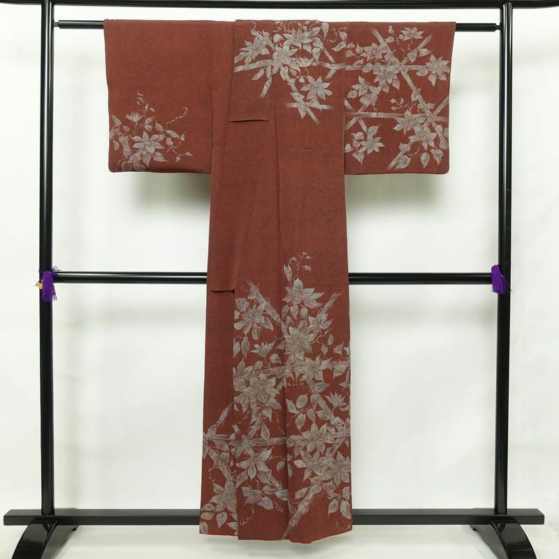 訪問着 鮫小紋 縮緬 正絹 花柄 袷仕立て 身丈156.5cm 裄丈64cm 茶_画像2