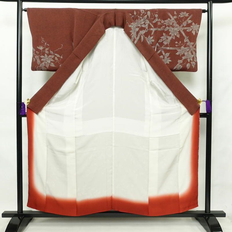 訪問着 鮫小紋 縮緬 正絹 花柄 袷仕立て 身丈156.5cm 裄丈64cm 茶_画像3