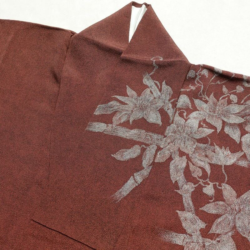 訪問着 鮫小紋 縮緬 正絹 花柄 袷仕立て 身丈156.5cm 裄丈64cm 茶_画像14