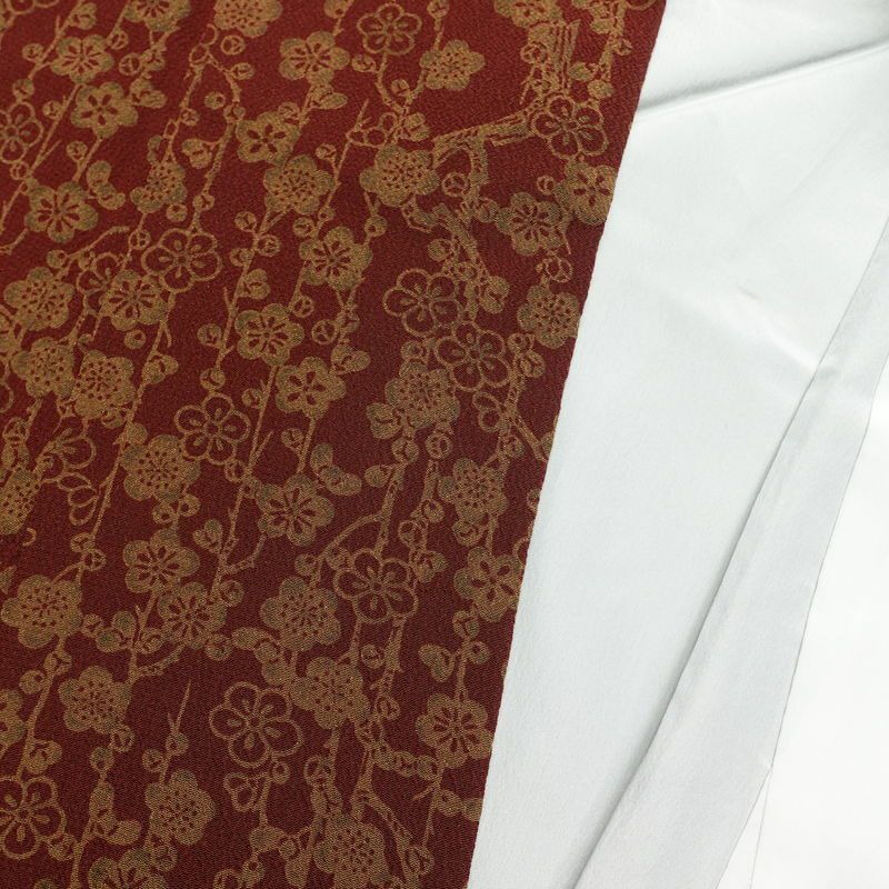 小紋 縮緬 総柄 ポリエステル 花柄 袷仕立て 身丈157.5cm 裄丈63.5cm 小紋着物 小豆・エンジ_画像15