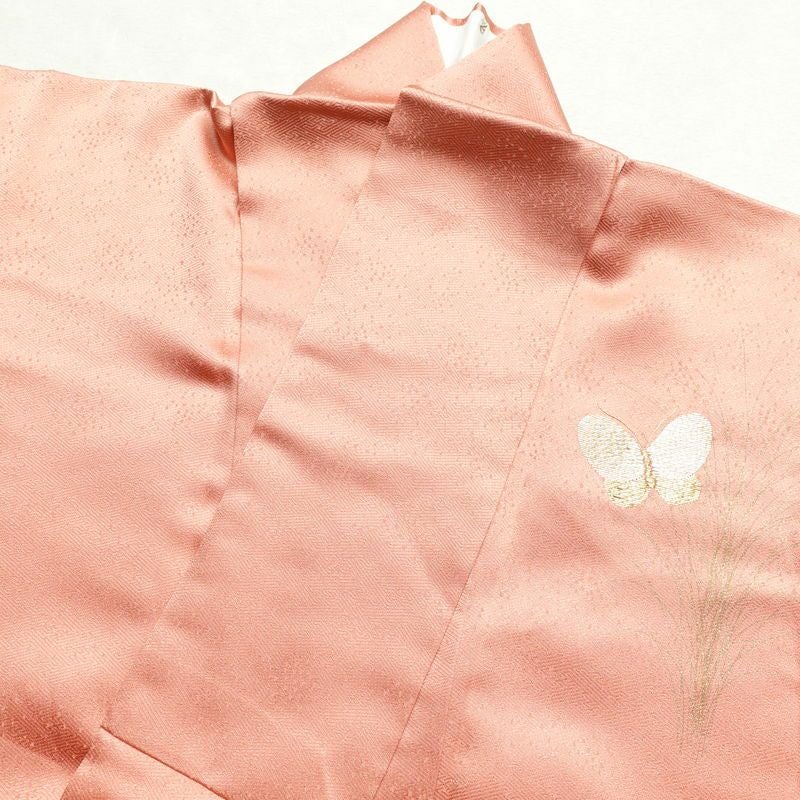 付け下げ 良品 綸子 正絹 蝶・昆虫柄 袷仕立て 身丈160.5cm 裄丈64.5cm 刺繍 金糸 金彩 蝶 ピンク_画像14