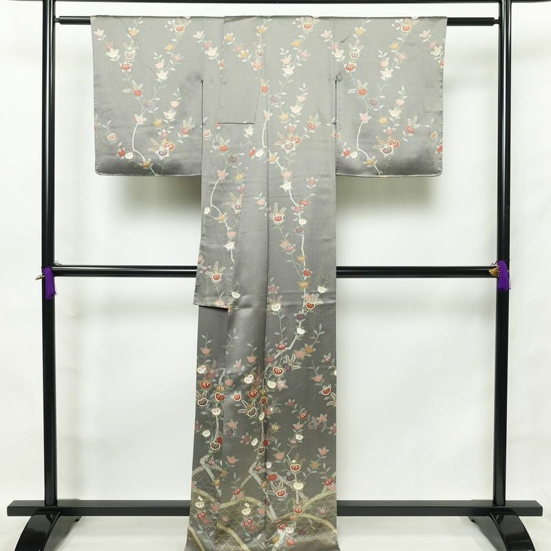 訪問着 正絹 花柄 袷仕立て 身丈168cm 裄丈65cm 金彩 共八掛 菊 グレー_画像2