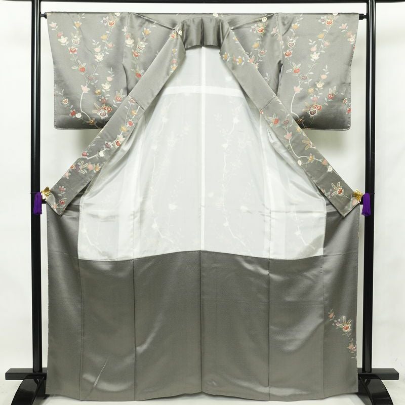 訪問着 正絹 花柄 袷仕立て 身丈168cm 裄丈65cm 金彩 共八掛 菊 グレー_画像3