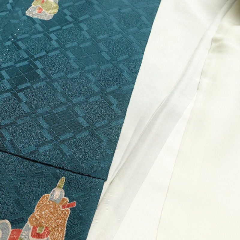 小紋 飛び柄 正絹 人物・動物柄 袷仕立て 身丈166cm 裄丈64cm 緑・うぐいす色_画像17