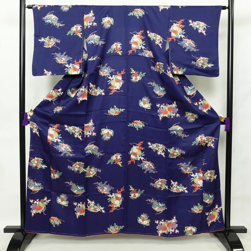 小紋 着物 藍色 花柄 袷 縮緬正絹 裄長 超美品 小紋 総柄 正絹 着物 花柄 こもん 袷仕立て 身丈160cm 裄丈65cm