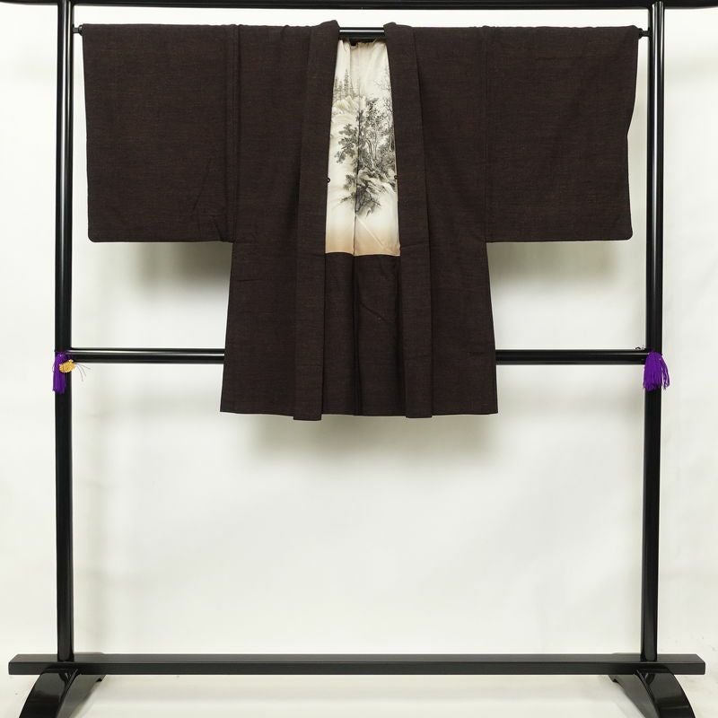 男性用 着物 アンサンブル 着物 羽織 2点セット セット品 正絹 無地 袷仕立て 身丈145.5cm 裄丈70cm 茶_画像4