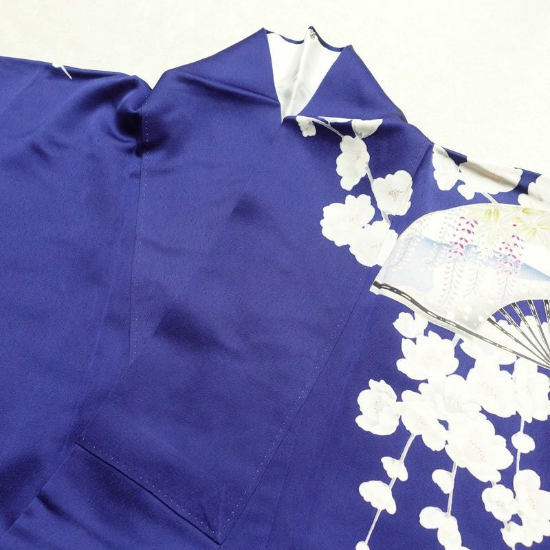 振袖 正絹 古典柄 袷仕立て 身丈162.5cm 裄丈66.5cm 箔 金彩 扇子 さくら 七宝 着物 成人式 青・紺_画像14