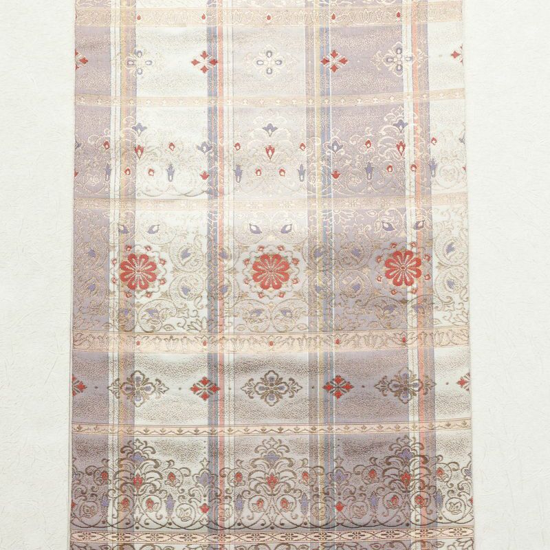 袋帯 六通柄 美品 正倉院宝華文 フォーマル用 正絹 チェック・格子柄 金糸 紫・藤色_画像5