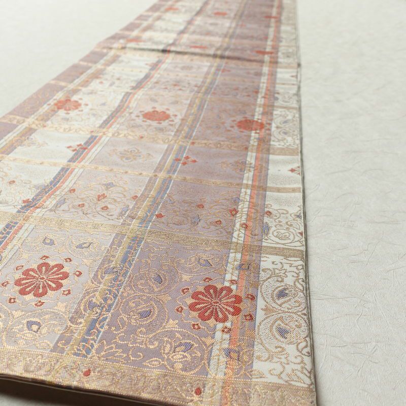 袋帯 六通柄 美品 正倉院宝華文 フォーマル用 正絹 チェック・格子柄 金糸 紫・藤色_画像6