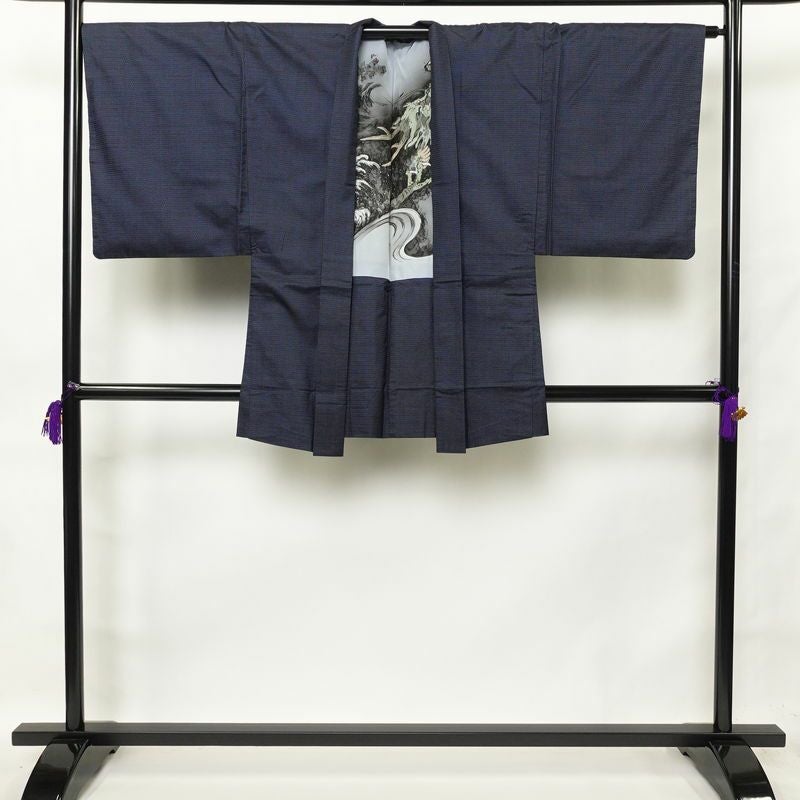 男性用 紬着物 アンサンブル 着物 羽織 2点セット セット品 正絹 亀甲柄 袷仕立て 身丈137cm 裄丈69cm 青・紺_画像3