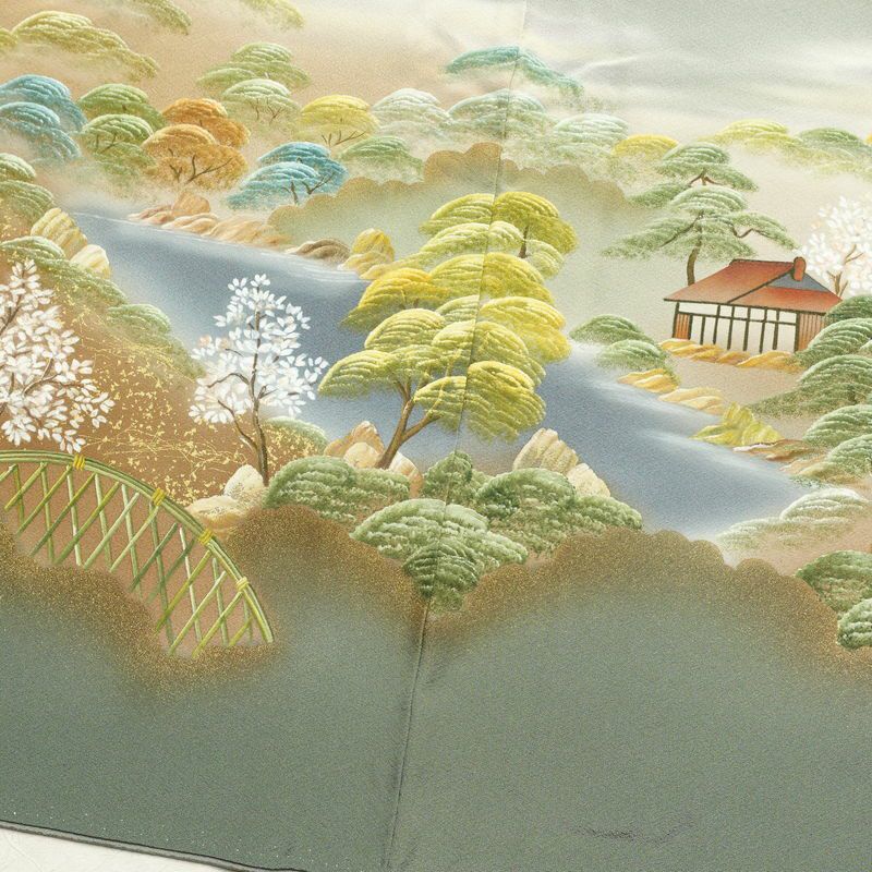 色留袖 良品 落款入り 五つ紋付き 縮緬 正絹 風景柄 袷仕立て 身丈159.5cm 裄丈65.5cm 箔 着物 緑・うぐいす色_画像11