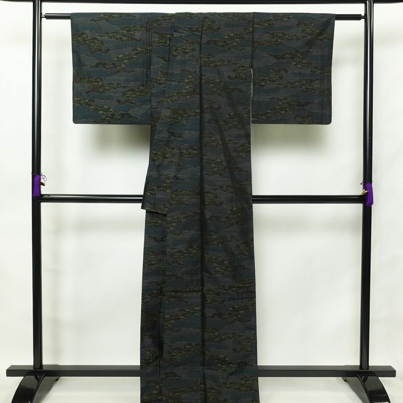 本場大島紬 証紙あり 正絹 雲柄 袷仕立て 身丈166cm 裄丈64cm 青・紺_画像2