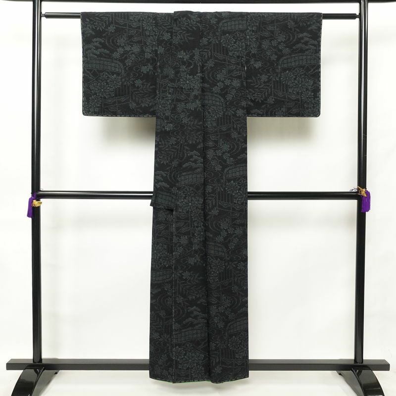 紬 しつけ糸付き 正絹 木の葉・植物柄 袷仕立て 身丈156.5cm 裄丈61.5cm 青・紺_画像2