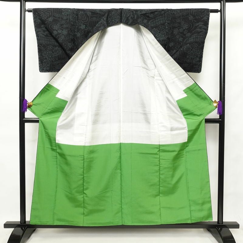 紬 しつけ糸付き 正絹 木の葉・植物柄 袷仕立て 身丈156.5cm 裄丈61.5cm 青・紺_画像3